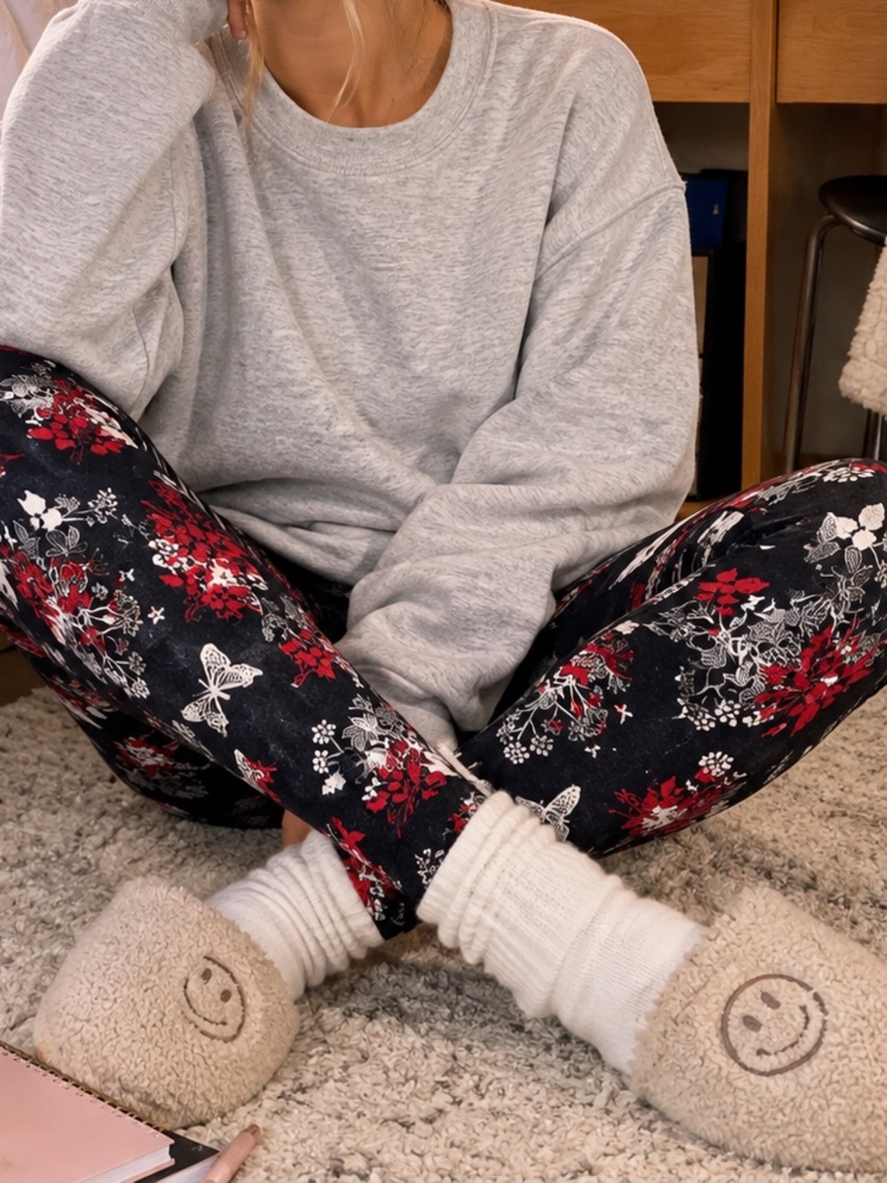 Floral Butterfly Leggings Y2K Black Red Cozy Lounge Dorm Pants Size XS
